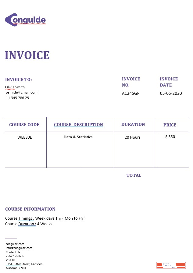 Online Courses Invoice Template PSD template